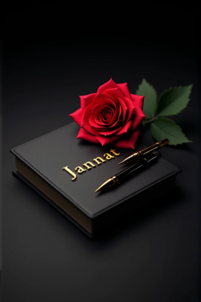 3d On top of a black diary Jannat name is written in golden color bold letters,there is a red rose on the pass and some sign pens around it,black background,realistic

