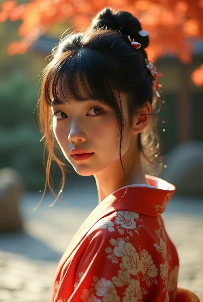 (realistic:1.3), rembrandt lighting, (masterpiece:1.2), (photorealistic:1.2), (best quality), (detailed skin:1.3), (intricate details), ray tracing,1girl, japanese girl, 2, detailed skin texture, (blush:0.5), subsurface scattering, smiling, updo hair, bangs, hair between eyes, hair ornaments, kimono, floral print, wearing edgJF_kimono, seiza (bright sunny day, autumn setting, autumn trees and leaves, (zen garden:1.2)