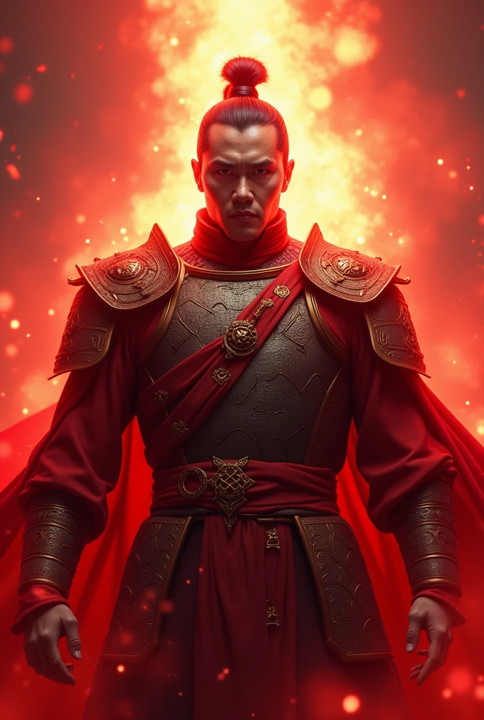 one men, Cao Cao, fair skin serious expression, Wukong's armor, red rays around him emanating from him
