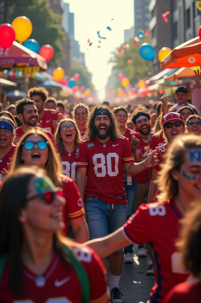 (Realistic photo) American football fans celebrating in the streets at a funfest, children, women, men.
