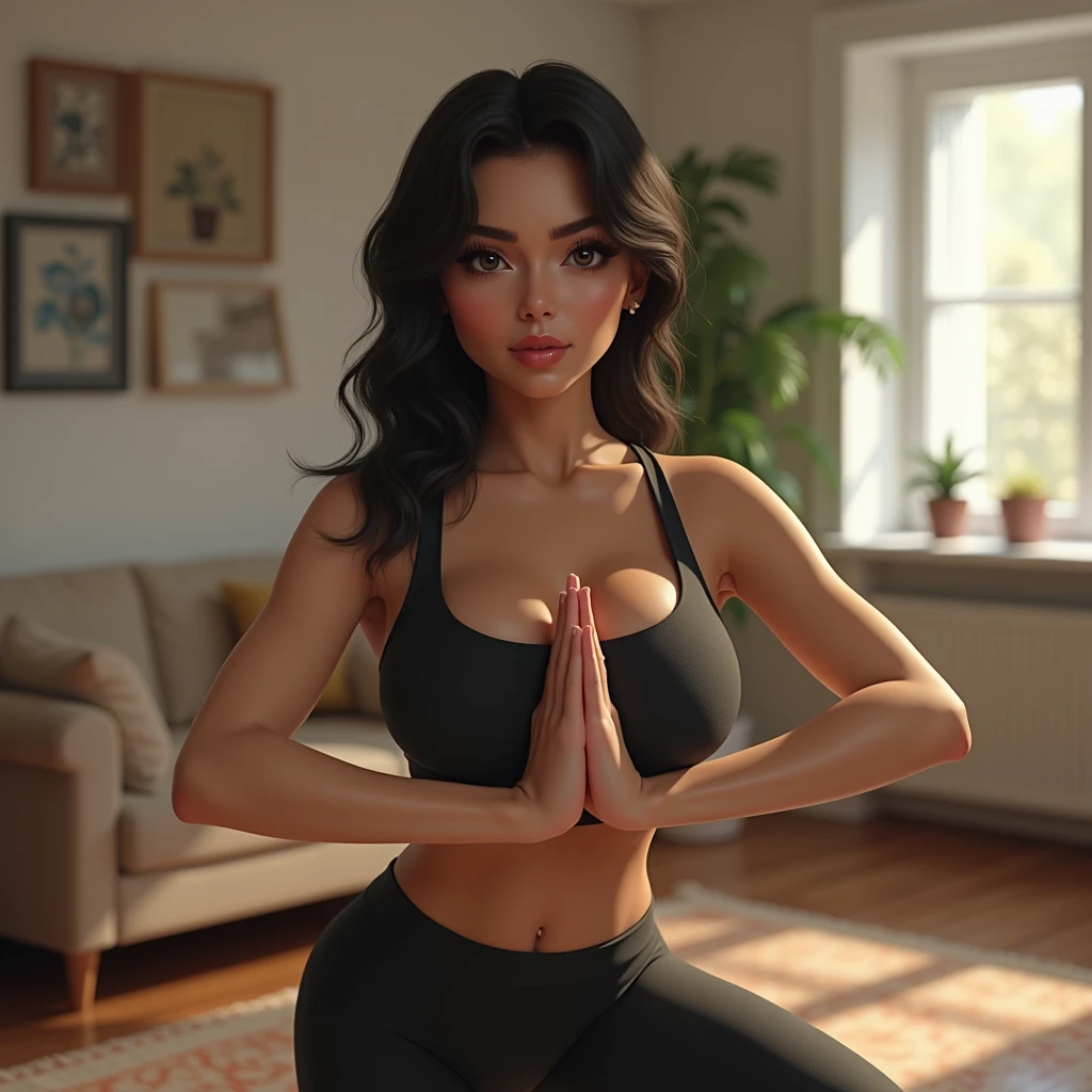 a young blackheaded woman, very curvy, big round booty, yoga in living room, tight sportswear, detailed face and body, beautiful detailed eyes, beautiful detailed lips, extremely detailed eyes and face, long eyelashes, (best quality,4k,8k,highres,masterpiece:1.2),ultra-detailed,(realistic,photorealistic,photo-realistic:1.37),HDR,UHD,studio lighting,ultra-fine painting,sharp focus,physically-based rendering,extreme detail description,professional,vivid colors,bokeh,portrait,photography,warm color tones,natural lighting