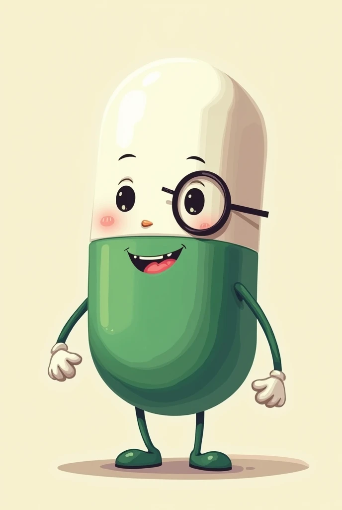 a pill with a white top and a green bottom with painted arms and legs, with a monocle in one eye with a millionaire's smile. all this is drawn in the style of a stickman