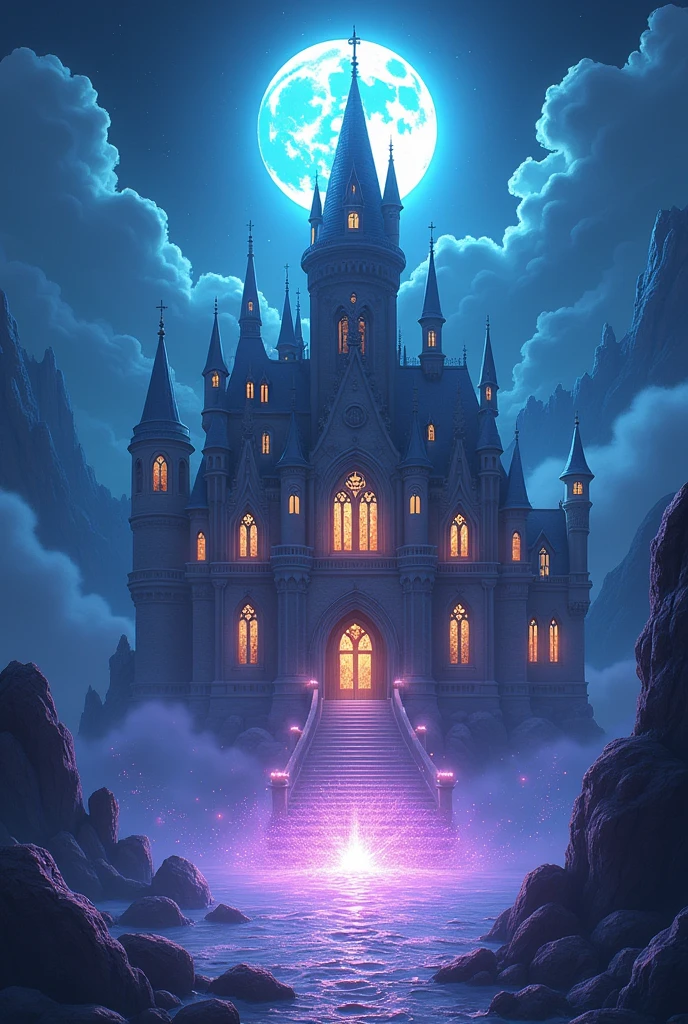 A giant medieval style palace under the moonlight surrounded by beautiful and shiny magic, the view looks amazing and anime, anime style, 