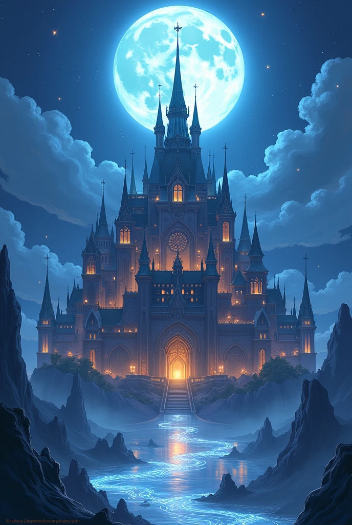A giant medieval style palace under the moonlight surrounded by beautiful and shiny magic, the view looks amazing and anime, anime style,