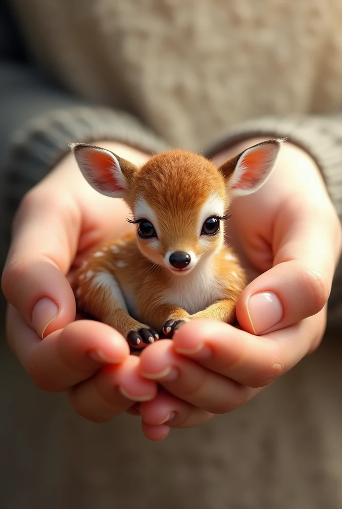 A SMALL CUTE BABY DEER IN A HUMAN'S PALM