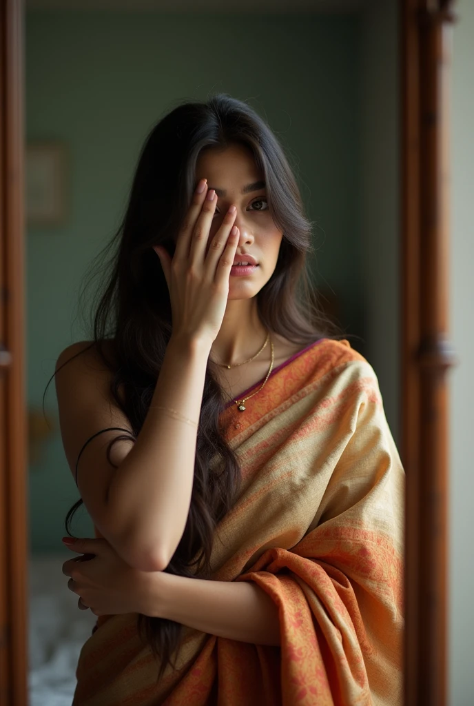Realistic mirror photo taken by a girl with an iphone in hand and face covered by hand,wearing saree