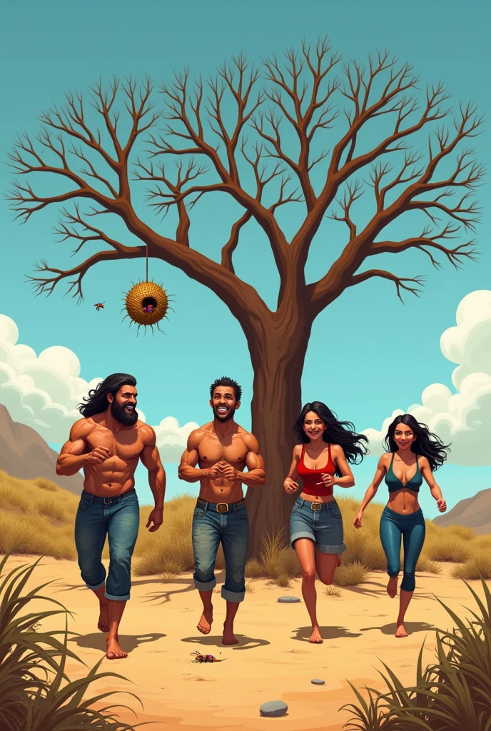 The scene shows a couple in an area of typical caatinga vegetation. The man, Cao Cao, Scrawny, with stubble and about 40 years old, is next to a 3 woman, full body, Long dark hair. They are in front of a twisted and dry tree, where a wasp nest hangs from one of the branches. The man acaba de lançar uma pedra no ninho, and the wasps begin to stir. The couple, smiling widely, starts running in the opposite direction, laughing like naughty children.