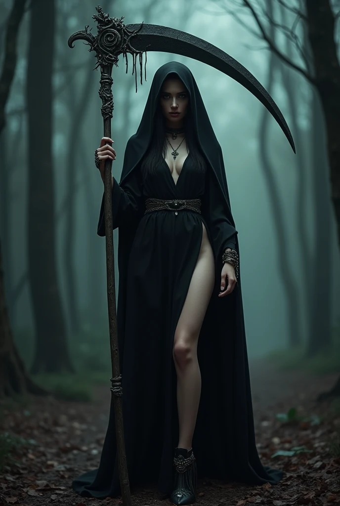 (((grim Reaper)))、young woman、cute、1、Jet black robe、sexy、Thighs、(((He carries a scythe as big as he is.)))、grim Reaperの鎌、Death Scythe、Bone Jewelry、Background dark forest、(best quality,4K,8k,highres,masterpiece:1.2),ultra-detailed,(realistic,photorealistic,photo-realistic:1.37),HDR,uhd,studio lighting,ultra-fine painting,sharp focus,physically-based rendering,extreme detail description,professional,vivid colors,bokeh,cinematic lighting,dramatic shadow,