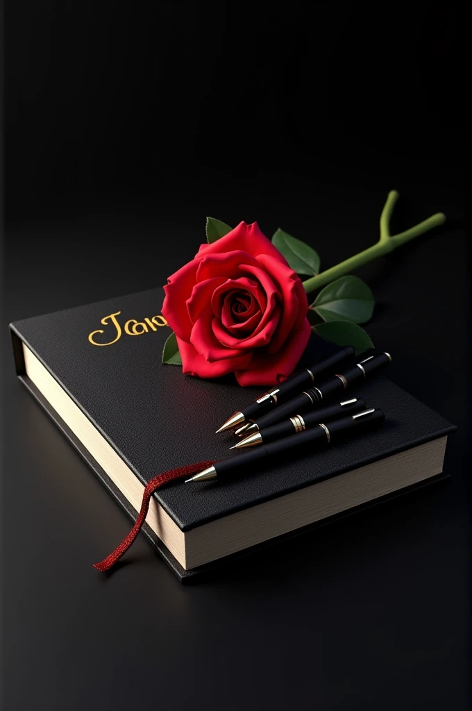 3d On top of a black diary Jannat name is written in golden color bold letters,there is a red rose on the pass and some sign pens around it,black background,realistic