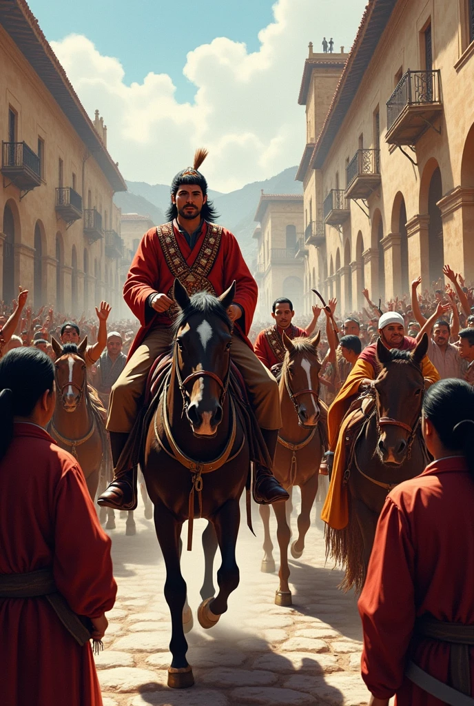 Create the following:
Tupac Amaru II and his forces enter Cusco, where they are received with enthusiasm by the population