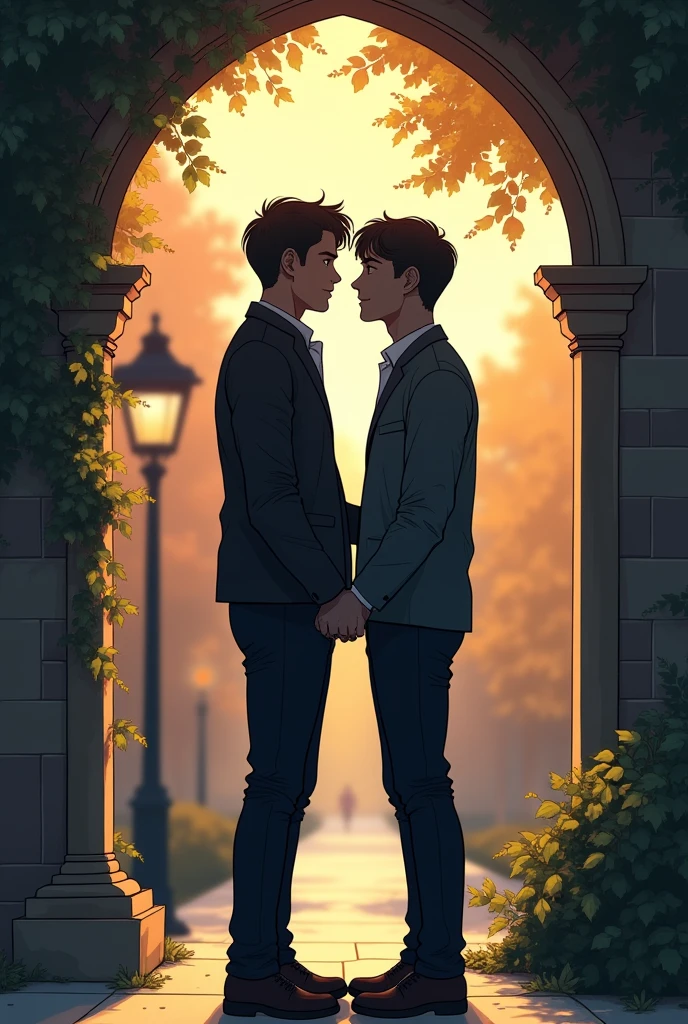 Make an image for a romantic cover, between two silhouettes of two men (that one is taller than the other), and maybe college or university decoration Make an ANIME style