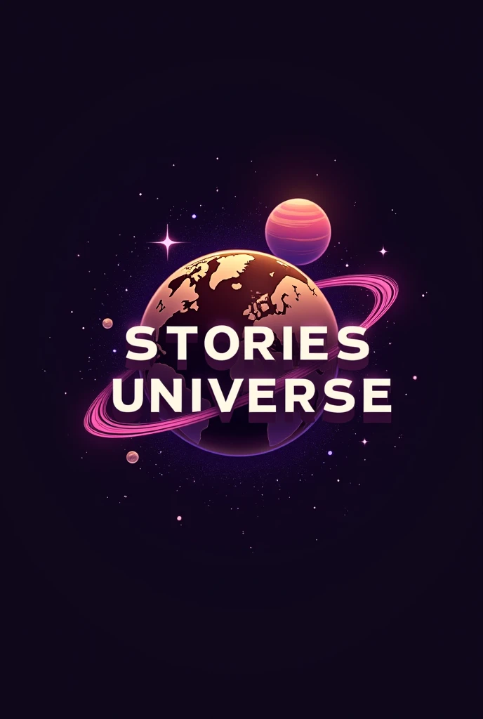 Create logo of Stories Universe, that has world and the stories universe is written on it , STORIES UNIVERSE written on galaxy and Mars planet in slide way, make it simple in brown and purple neon color , in that picture add stories universe in capital letter as logo, make it more classy and vibrant , write stories universe in all capital letter