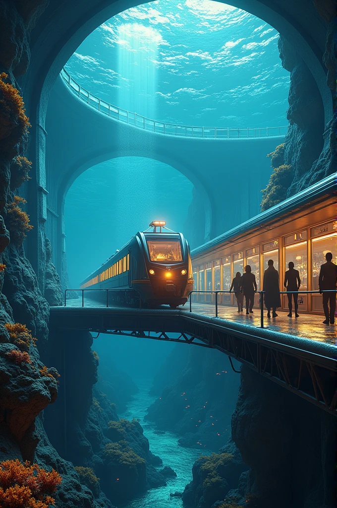 A train station under the sea with a train 