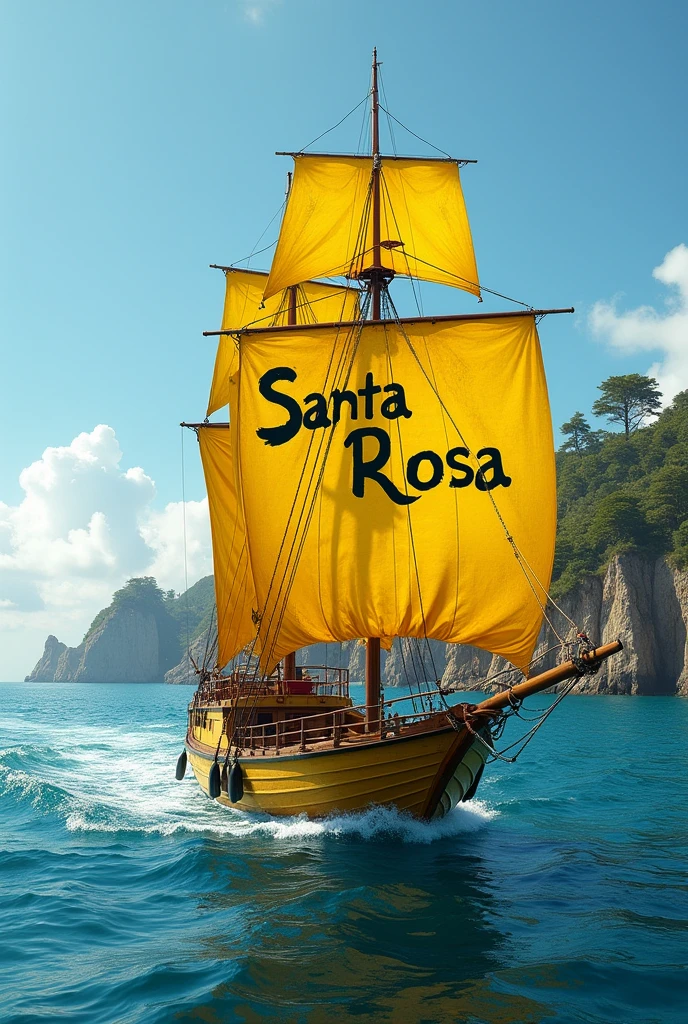 Photorealism of pirate yellow sailing boat with santa rosa text on it

