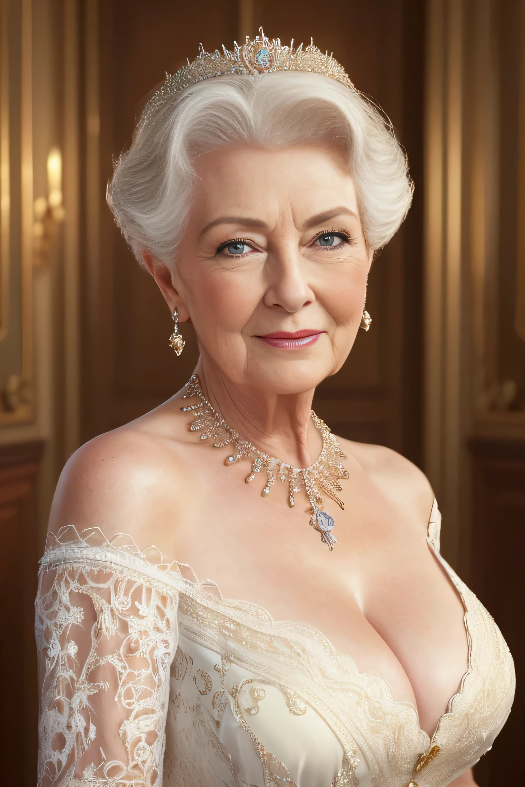 (Highest quality,4K,8k,High resolution,artwork:1.2),Very detailed,(Realistic,photoRealistic,photo-Realistic:1.37), Full body image,A hall for mature women over 60 years old々Barrel Madame, Queen,Dominant representation, (Nancy Patricia D.............'Alexander Pelosi:1.1), A dignified figure, rich curves, セクシーlingerie,Wrinkled face, lingerie,short hair, Intense aura, Sublime Dominance, Sexy lingerie, lingerie in different colors, In the bedroom, in the garden, Clear lingerie, Wearing panties,Make your bra visible, good, I'looking forward to it, Show me your ass from behind