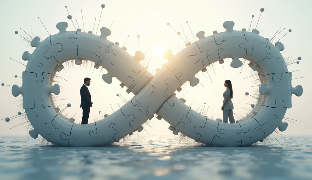 create an image inside a puzzle piece that matches the infinity symbol, connections and partners