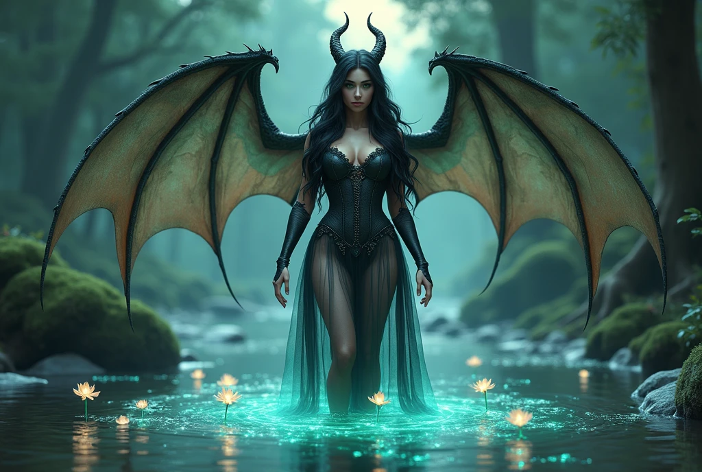 Highly detailed and photorealistic rendering of a divine dragon sorceress standing on a rock in the center of a mystical pond surrounded by glowing bioluminescent flowers. The sorceress has a voluptuous and perfectly sculpted figure with a well-defined waist., and her long wavy black hair cascades down her back. His deep green eyes shine with a mysterious glow, and her facial features are both strong and delicate, radiating an aura of power and sensuality.
She wears a translucent black veil skirt that wraps gracefully around her hips., with high cuts on both sides revealing her long, toned legs. The skirt is fitted at the waist., accentuating her curves and highlighting her perfectly defined figure. The top of her outfit consists of a tight corset trimmed with lace., that fits your body, revealing her ample bust and toned abdomen, while maintaining an air of elegance and mystery. The ethereal fabric should drape softly, following the natural contours of your body, with the transparency subtly revealing her soft, luminous skin underneath.
His wings, Big and majestic, extend from his back, Subtly glowing with magical energy, and his head is adorned with elegantly curved dragon horns. His hands and feet are depicted with extreme precision., Capturing every detail in realistic textures and lighting. The environment around you, a magical forest illuminated by the soft light of the full moon, It should be rich in color and depth, with ethereal auras and vibrant lights that enhance the mystical atmosphere. The composition must ensure that every aspect of the character, from her facial expression to the intricate details of her clothing and surroundings, be represented with photorealistic quality.