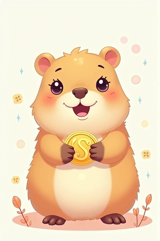 Kawaii capybara looking forward holding a coin
