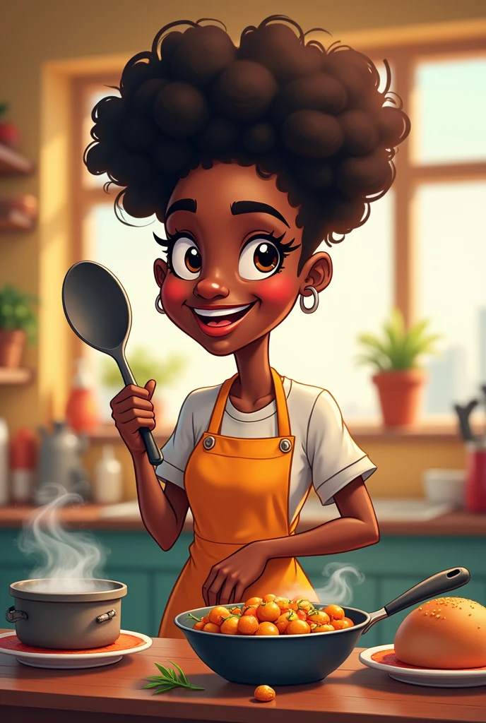 Black cook with spoon in hand in cartoon shape