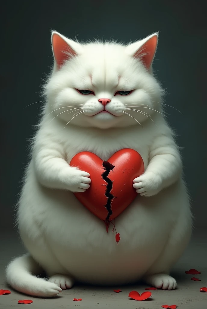I want you to create a fat white cat with a broken heart