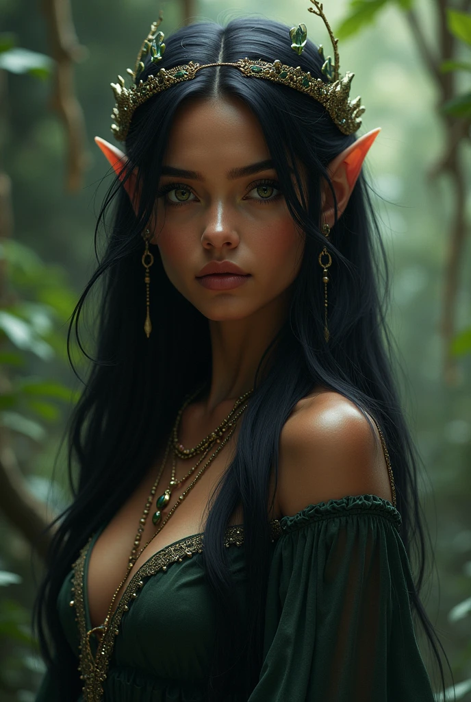 elf  woman, beautiful, with long, straight black hair, dark-skinned.