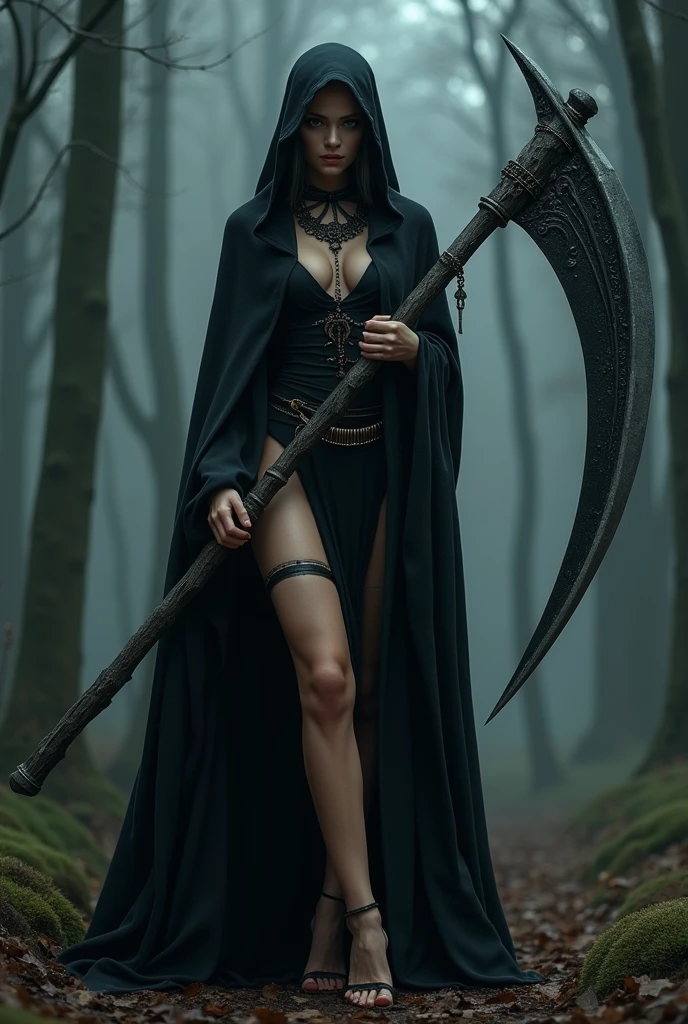 ((grim Reaper))、young woman、cute、1、Jet black robe、sexy、Thighs、(((He carries a scythe as big as he is.)))、grim Reaperの鎌、Death Scythe、Bone Jewelry、Background dark forest、(best quality,4K,8k,highres,masterpiece:1.2),ultra-detailed,(realistic,photorealistic,photo-realistic:1.37),HDR,uhd,studio lighting,ultra-fine painting,sharp focus,physically-based rendering,extreme detail description,professional,vivid colors,bokeh,cinematic lighting,dramatic shadow,