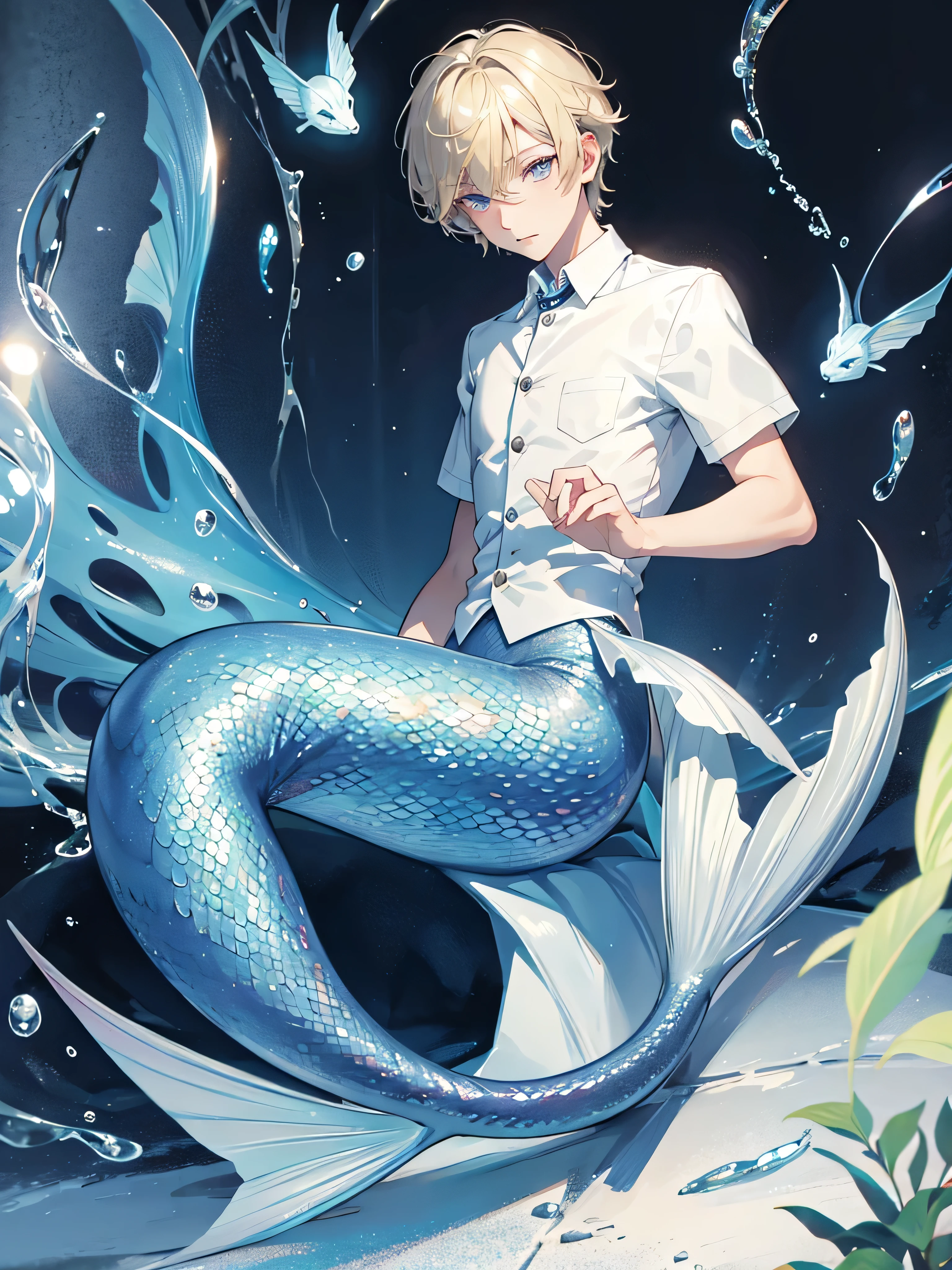 Boys, Short hairstyle, blond, silver eyes, Mermaid, high quality