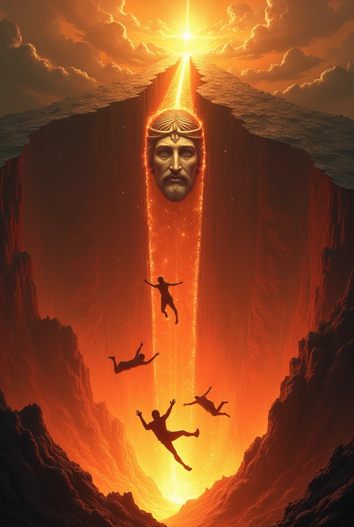 an open volcano hole with red fire flames coming out, people falling inside, INFERNAL CENARIUM, shining sky, with a divine glory , and the face of jesus. tamanho: 9:16