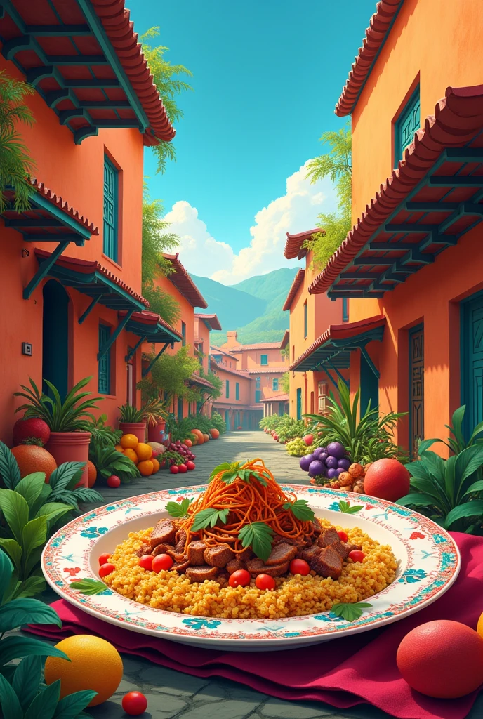 Create a horizontal wallpaper with Peruvian cuisine and include gym elements on the side