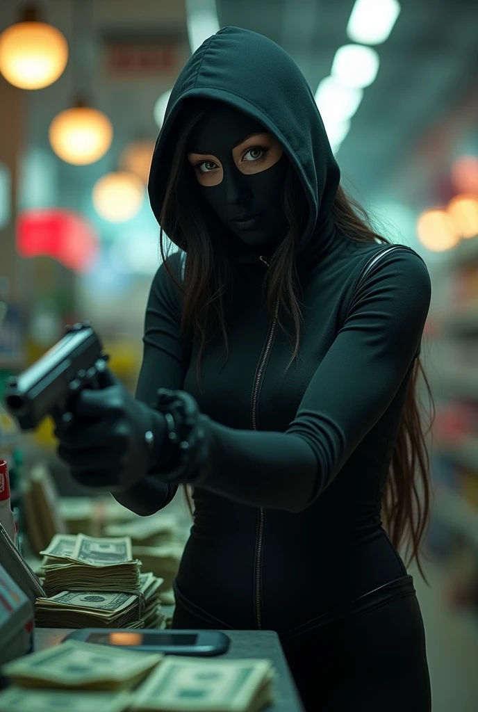 Scarlett Johnson qui porte une tenue entière et moulante qui porte une cagoule à deux trou niveau des yeux avec un pistolet et quei un braquage dans un magasin pour vider la caisse elle ramasse les billets de la caisse 
