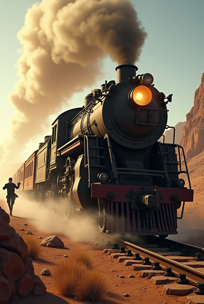 A train go on the way and the Robbers attack on it