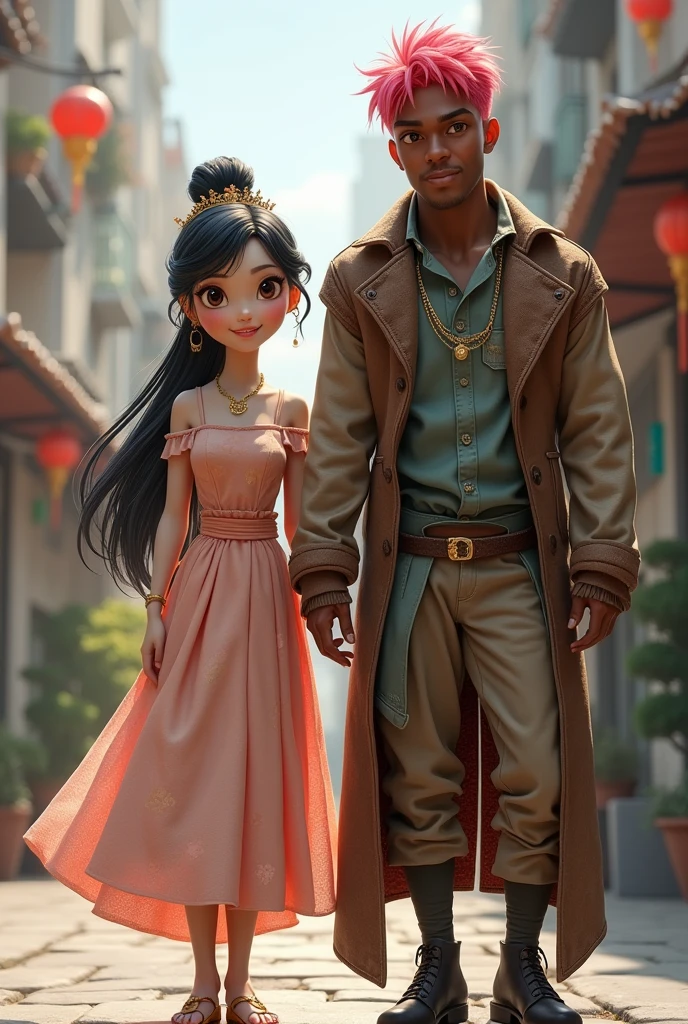 One princess, half Chinese brunette, with a big smile, short, accompanied by a tall black man, well built, pink short hair, beggar's dress. In the modern era