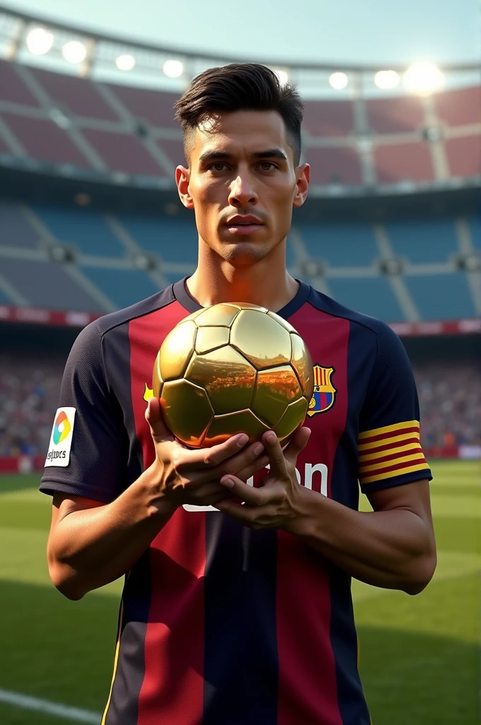 One of Raphina, the Barcelona player, with the Golden Ball in his hand
