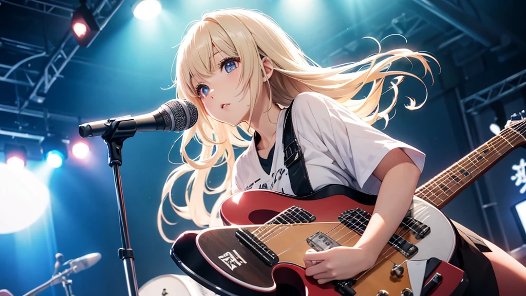 Natural light Japan woman 1 person Beautiful Eyes Are standing Concert Venues Flashy lighting cute microphone Anime Style Strong gaze Playing electric guitar