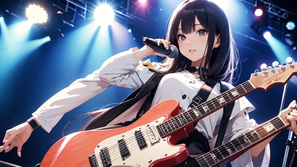 Natural light Japan woman 1 person Beautiful Eyes Are standing Concert Venues Flashy lighting cute microphone Anime Style Strong gaze Playing electric guitar