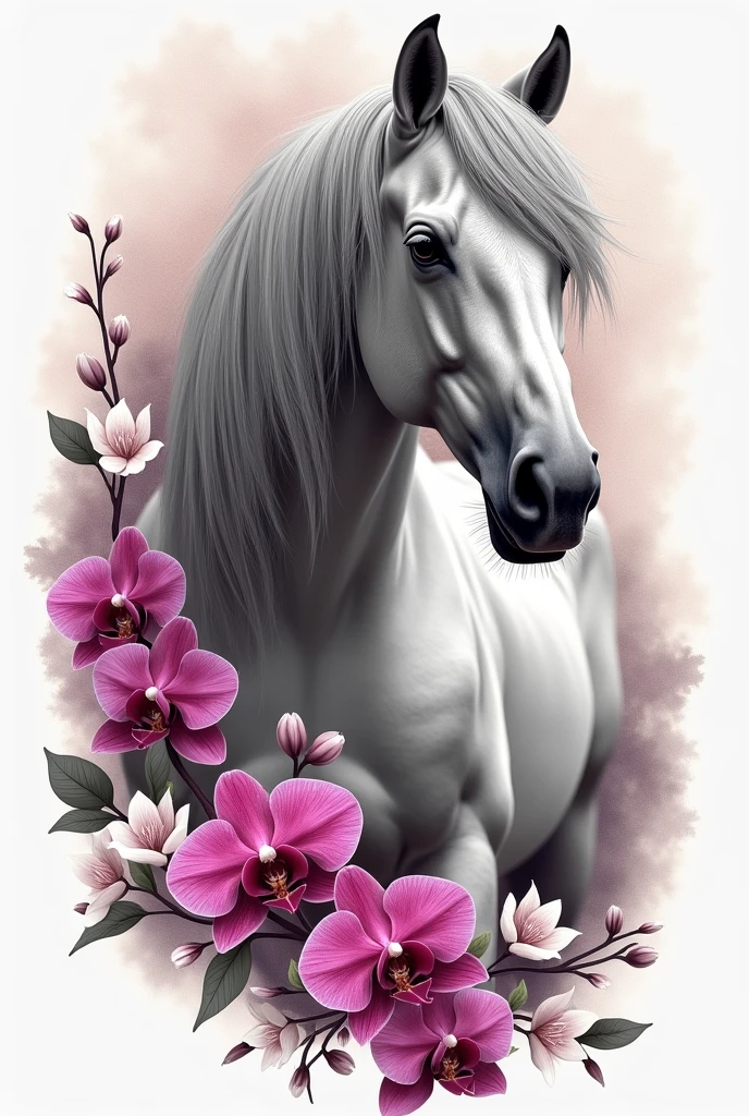 I want you to design me a unique and exclusive tattoo, Let it be a grey-haired horse and have fuchsia orchid flowers and white gardenias around it. 