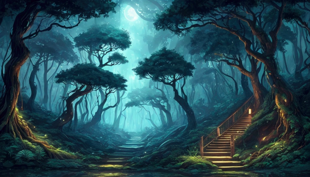 night, woods, forest, dark energy, jungle, anime style, one pathway
