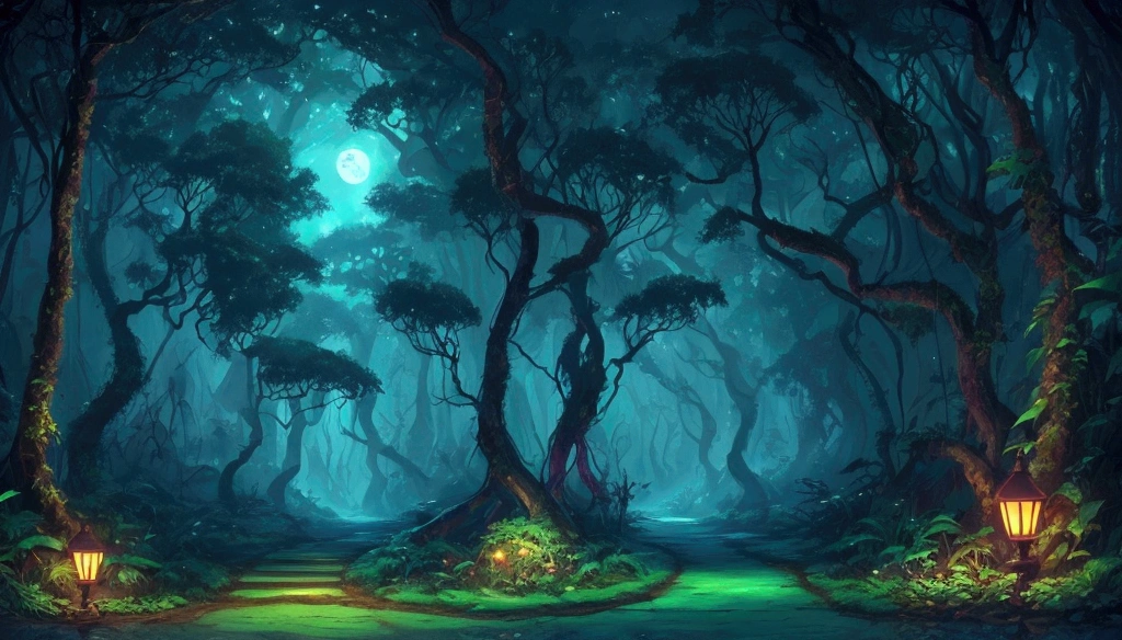 night, woods, forest, dark energy, jungle, anime style, one pathway
