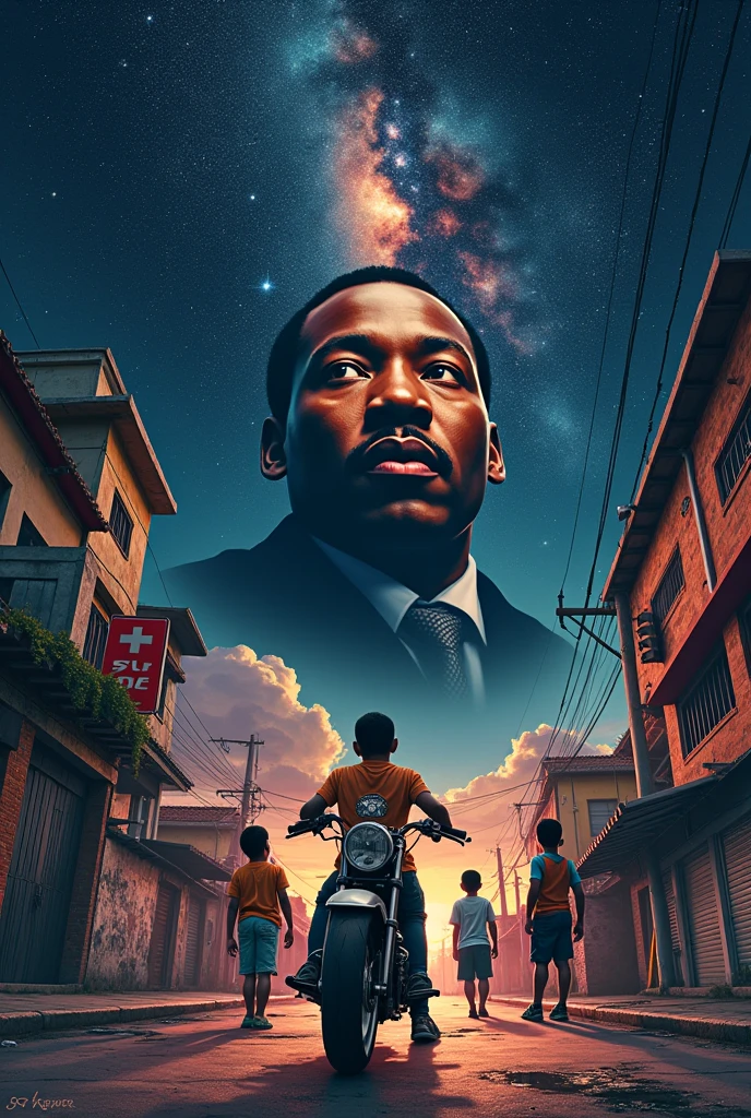 I want an image to be an album cover, joining the favela and periphery with the universe, and in the center written THE MLK OF THE FIRST, and put two boys looking up and put the names of the authors SJC and SKESPER and put a bros 160 motorcycle on the side