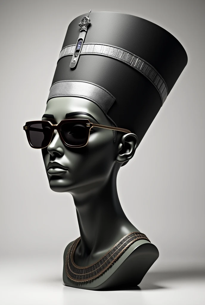 Make a reinterpretation of Nefertiti's bust but put a rapper hat and glasses on it