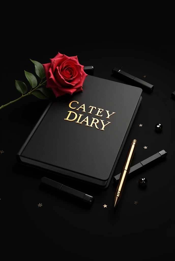 3d On top of a black diary Emon
name is written in golden color bold letters,there is a red rose on the pass and some sign pens around it,black background,realistic
