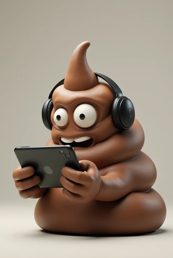 A Realistic Living Poop Gamer Playing a Game on Phone with Headset
