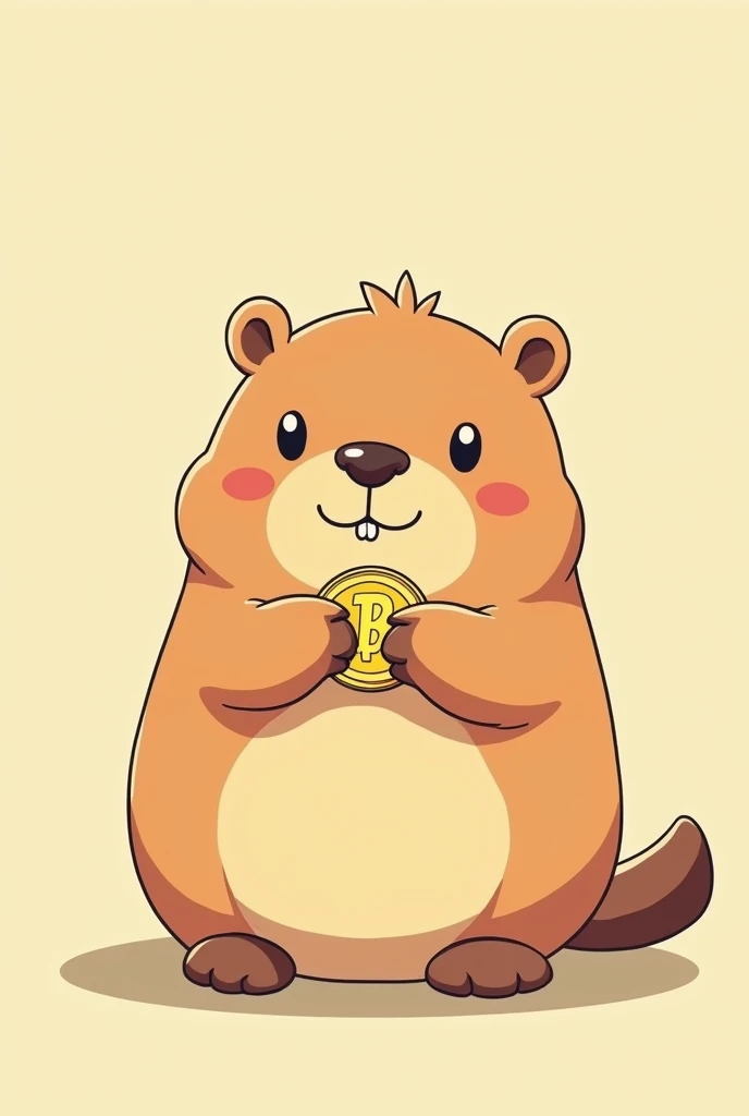 Kawaii anime capybara facing front holding a coin