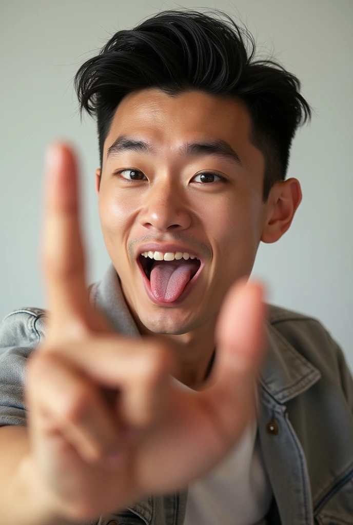 Imagine a real handsome white Asian guy doing the rock sign with one hand and sticking his tongue out a little bit