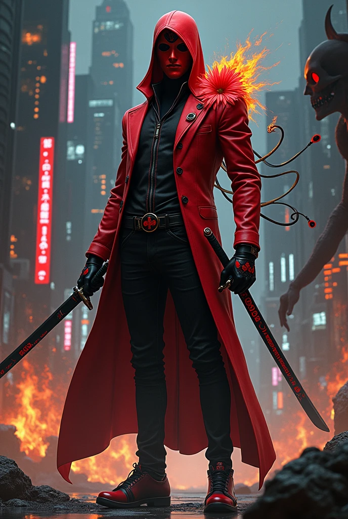 A landscape of Mexico/futuristic japan, at night with a man in a red suit with black lines, with red mask and black masks, Black gloves with red buttons and black capsules, black belt with red lines and in the center an image of the mask, Black shoes with red soles with black circles and 2 short katanas on his back with fire symbols, 2 pistols with fire symbols and a red flower resembling flames of fire in the front pocket of his suit (His suit looks like a business suit and his mask has more touches of black.) , His pants are black with red touches, He has flames coming out of his back like the tails of a kitsune as well as black whips like tentacles and he is in a pose of unsheathing his katana. In addition to 2 demons behind him, 1 is a human skull on fire. The other is a black skull with a dark aura.