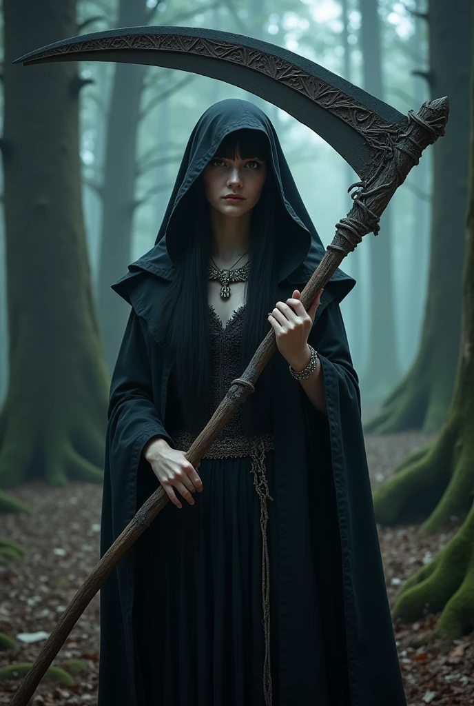 ((grim Reaper))、young woman、cute、1、sexy、(((He carries a scythe as big as he is.)))、grim Reaperの鎌、Death Scythe、Bone Jewelry、Background dark forest、(best quality,4K,8k,highres,masterpiece:1.2),ultra-detailed,(realistic,photorealistic,photo-realistic:1.37),HDR,uhd,studio lighting,ultra-fine painting,sharp focus,physically-based rendering,extreme detail description,professional,vivid colors,bokeh,cinematic lighting,dramatic shadow,