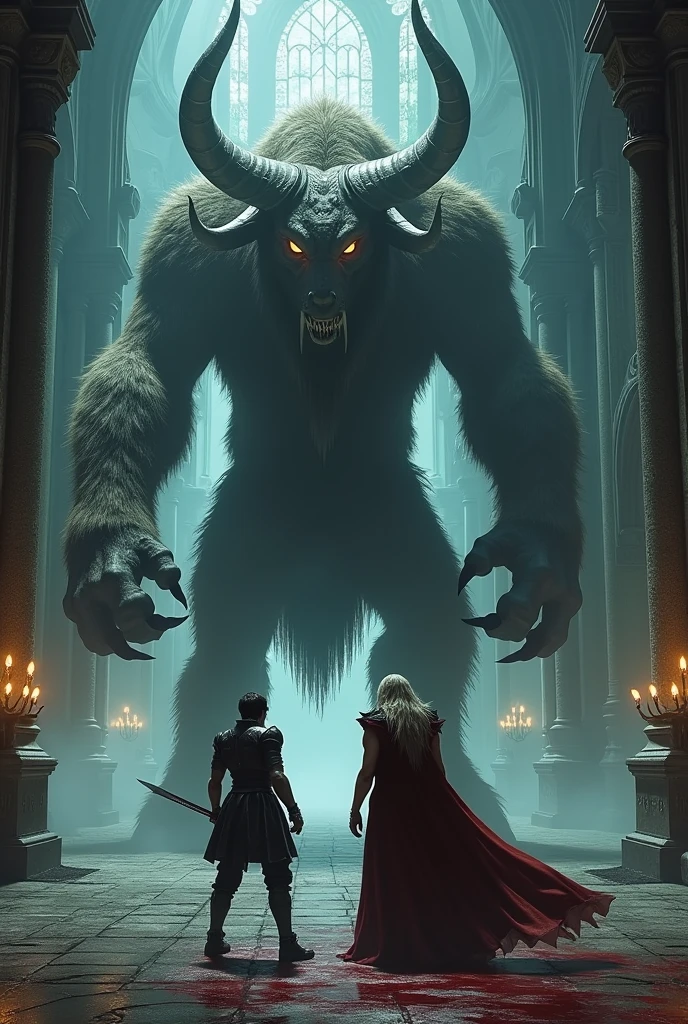 Imagine the character Van from Final Fantasy 12 in a Castlevania setting:Simphony of the night; infinity coridor com o Alucard, fighting a minotaur that has two heads and 4 arms and is three times the size of an adult man