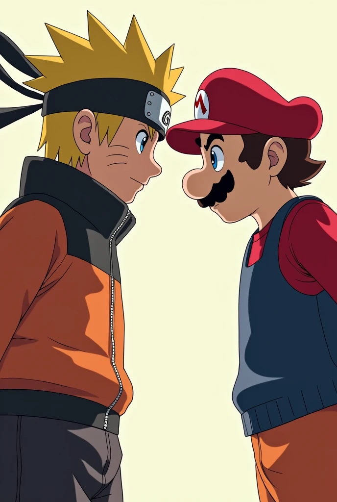 naruto looking at supermario in confrontation, close-up, アニメ, アニメ style, uhd, high details