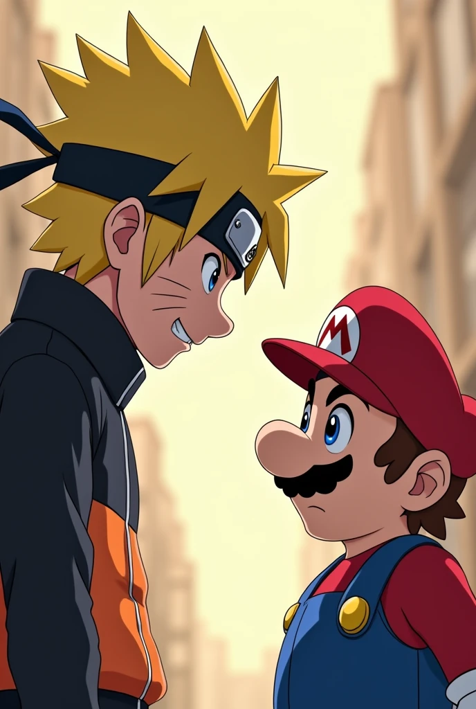 naruto looking at supermario in confrontation, close-up, アニメ, アニメ style, uhd, high details