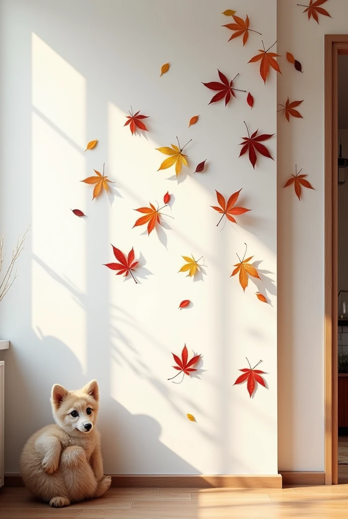 A painting of leaves on a previously white wall in the living room of a residence.